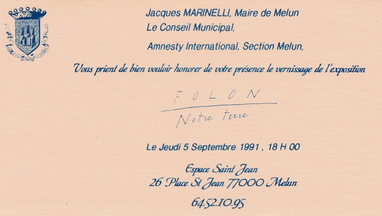 invitation au vernissage de l'exposition FOLON  Melun (05/09/1991) pour les 30 ans d'Amnesty International